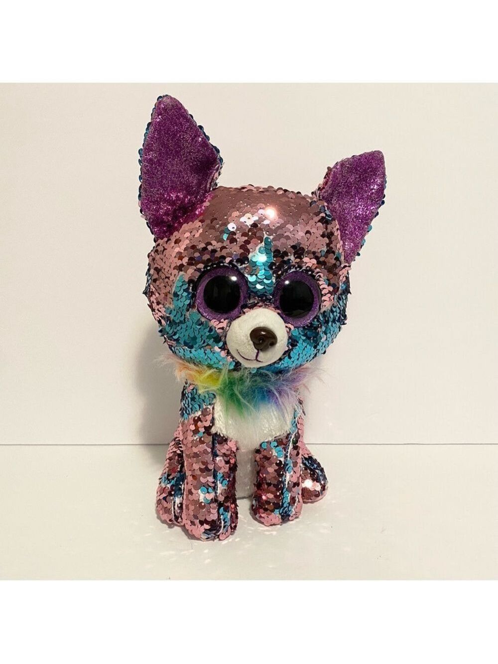 Ty Flippables Yappy Dog Sequin Blue Pink Plush Puppy Stuffed Animal Toy 10” Boo